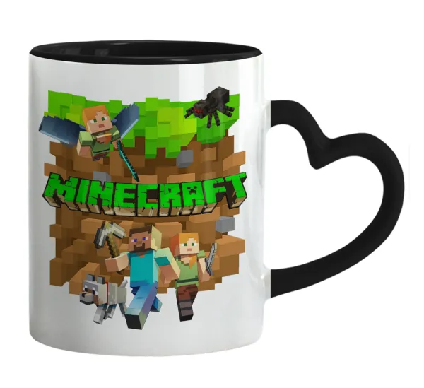 Minecraft characters — Κούπα καρδιά χερούλι μαύρη, κεραμική, 330ml