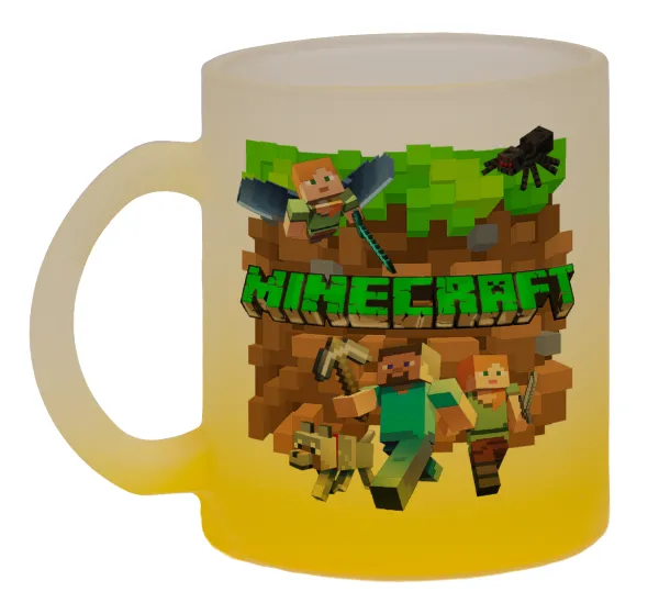 Minecraft characters — Two-tone glass mug with matte yellow base, 330ml