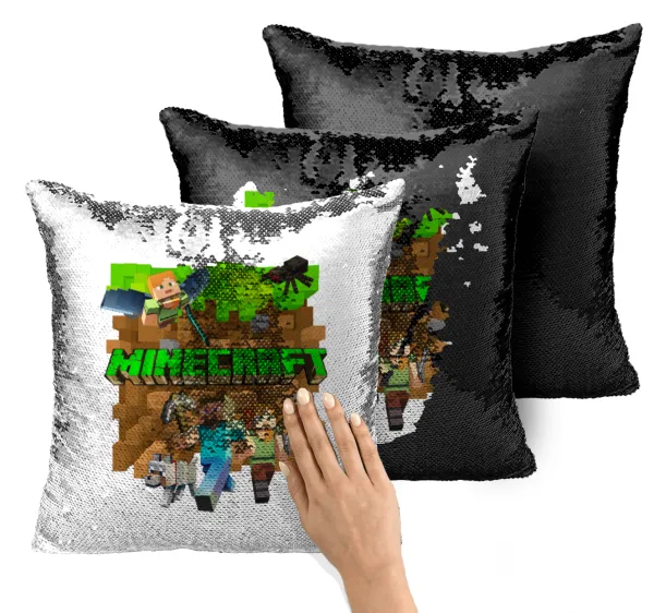 Minecraft characters — Magic sofa cushion with black sequins, 40x40cm, filling included