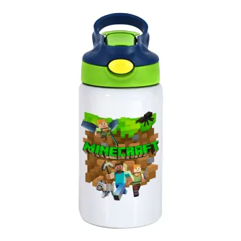 Minecraft characters, Children's hot water bottle, stainless steel, with safety straw, green, blue (350ml)