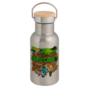 Minecraft characters, Μεταλλικό παγούρι θερμός (Stainless steel) Ασημένιο με ξύλινο καπακι (bamboo), διπλού τοιχώματος, 350ml