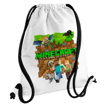 Minecraft characters, Backpack pouch GYMBAG white, with pocket (40x48cm) & thick cords