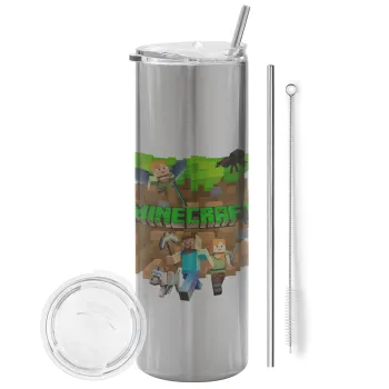 Minecraft characters, Tumbler ποτήρι θερμό Ασημένιο από ανοξείδωτο ατσάλι 600ml, με μεταλλικό καλαμάκι & βούρτσα καθαρισμού