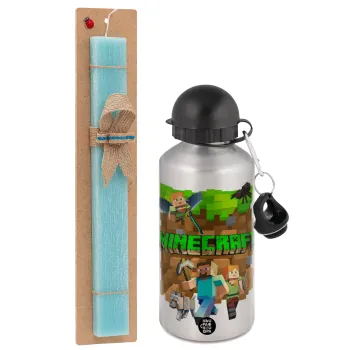 Minecraft characters, Easter Set, metallic silver aluminum water bottle (500ml) & scented flat Easter candle (30cm) (TURQUOISE)