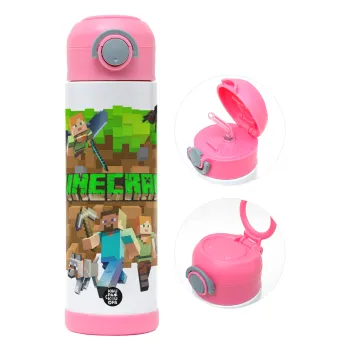 Minecraft characters, Children's hot water bottle, stainless steel, with safety straw, PINK (500ml)