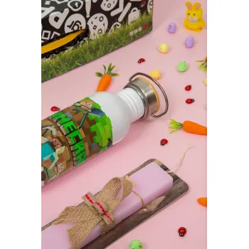 Minecraft characters, Easter Set, SS Metallic water bottle (620ml, stainless steel) & scented flat Easter candle (30cm) (PINK)