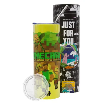 Minecraft characters, Neon Yellow Travel Tumbler θερμό, μεταλλικό καλαμάκι(Ανωξείδωτο 304 Food grade, BPA free, 600ml)
