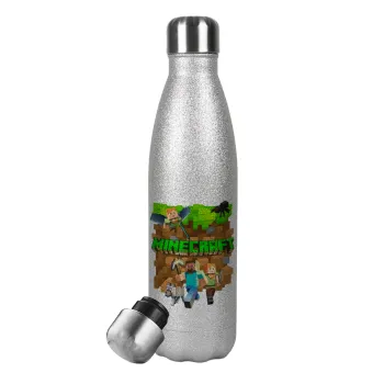 Minecraft characters, Metallic Glitter Silver Thermos Flask (Stainless steel), double-walled, 500ml