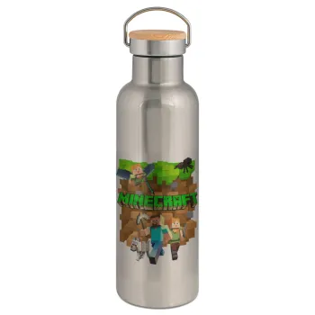 Minecraft characters, Stainless steel Silver with wooden lid (bamboo), double wall, 750ml