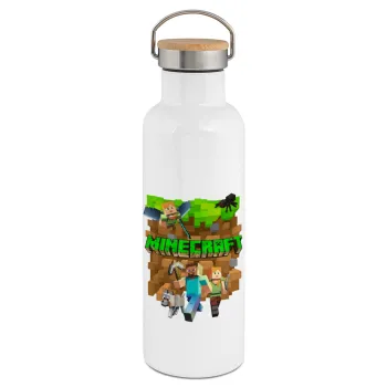 Minecraft characters, Μεταλλικό παγούρι θερμός (Stainless steel) Λευκό με ξύλινο καπάκι (bamboo), διπλού τοιχώματος, 750ml