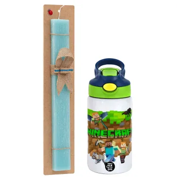 Minecraft characters, Easter Set, Children's thermal stainless steel bottle with safety straw, green/blue (350ml) & aromatic flat Easter candle (30cm) (TURQUOISE)