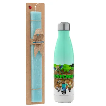 Minecraft characters, Easter Set, Metallic green/white thermos (Stainless steel), double-walled, 500ml & scented flat Easter candle (30cm) (TURQUOISE)