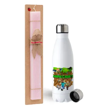Minecraft characters, Easter Set, metallic stainless steel water bottle (750ml) & scented flat Easter candle (30cm) (PINK)