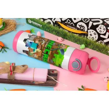 Minecraft characters, Πασχαλινή Λαμπάδα με Παιδικό παγούρι θερμό, ανοξείδωτο, με καλαμάκι ασφαλείας, ΡΟΖ (500ml)