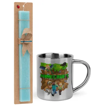 Minecraft characters, Easter Set, metallic thermal cup (300ml) & aromatic flat Easter candle (30cm) (TURQUOISE)