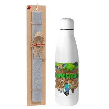 Minecraft characters, Easter Set, metallic stainless thermos bottle (500ml) & scented flat Easter candle (30cm) (GRAY)