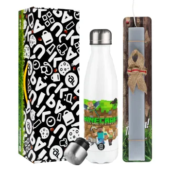 Minecraft characters, Easter candle, metallic white thermos bottle (500ml) & aromatic flat candle (30cm) (GRAY)