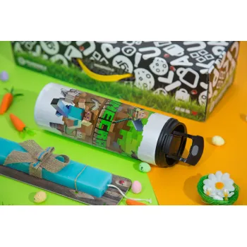 Minecraft characters, Πασχαλινή Λαμπάδα με Travel Tumbler θερμό με διπλό καπάκι (600ml, BPA free) & κερί αρωματικό πλακέ (30cm) (ΤΙΡΚΟΥΑΖ)