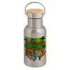 Stainless steel metallic thermos flask, silver with a bamboo lid, double-walled, 350ml.