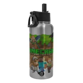 Minecraft characters, Metal mug thermo Silver with Straw and Spout Lid (Stainless steel), double wall, 950ml