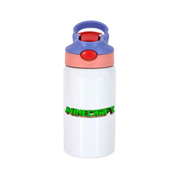 Minecraft logo green, Children's hot water bottle, stainless steel, with safety straw, pink/purple (350ml)