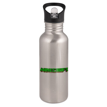 Minecraft logo green, Water bottle Silver with straw, stainless steel 600ml