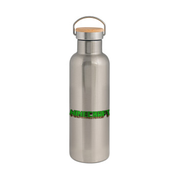 Minecraft logo green, Stainless steel Silver with wooden lid (bamboo), double wall, 750ml