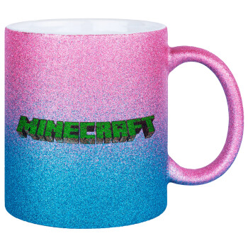 Minecraft logo green, Κούπα Χρυσή/Μπλε Glitter, κεραμική, 330ml