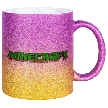 Minecraft logo green, Κούπα Χρυσή/Ροζ Glitter, κεραμική, 330ml