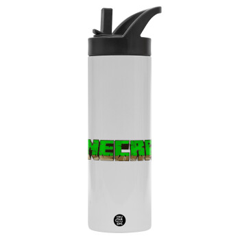 Minecraft logo green, Μεταλλικό παγούρι θερμός με καλαμάκι & χειρολαβή, ανοξείδωτο ατσάλι (Stainless steel 304), διπλού τοιχώματος, 600ml