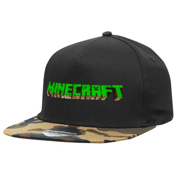 Minecraft logo green, Καπέλο Ενηλίκων Flat Snapback Μαύρο/Παραλαγή, (100% ΒΑΜΒΑΚΕΡΟ, ΕΝΗΛΙΚΩΝ, UNISEX, ONE SIZE)