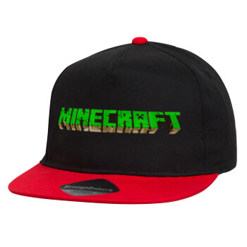 Minecraft logo green, Καπέλο παιδικό Flat Snapback, Μαύρο/Κόκκινο (100% ΒΑΜΒΑΚΕΡΟ, ΠΑΙΔΙΚΟ, UNISEX, ONE SIZE)