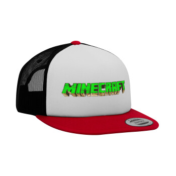 Minecraft logo green, Adult Foam Flat Snapback with Mesh Red-White-Black (POLYESTER, ADULT, UNISEX, ONE SIZE)