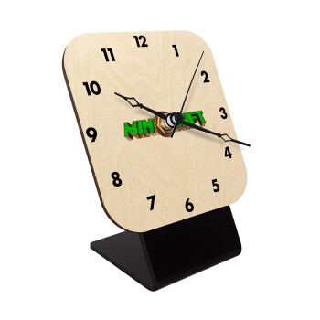 Minecraft logo green, Quartz Table clock in natural wood (10cm)