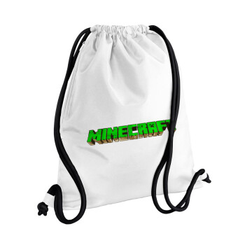 Minecraft logo green, Τσάντα πλάτης πουγκί GYMBAG λευκή, με τσέπη (40x48cm) & χονδρά κορδόνια