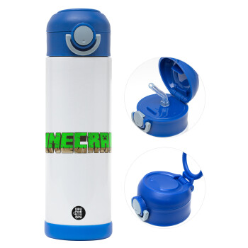Minecraft logo green, Children's hot water bottle, stainless steel, with safety straw, BLUE (500ml)