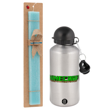 Minecraft logo green, Easter Set, metallic silver aluminum water bottle (500ml) & scented flat Easter candle (30cm) (TURQUOISE)