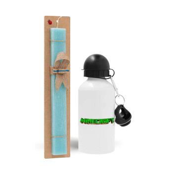 Minecraft logo green, Easter Set, metallic aluminum water bottle (500ml) & scented flat candle (30cm) (TURQUOISE)