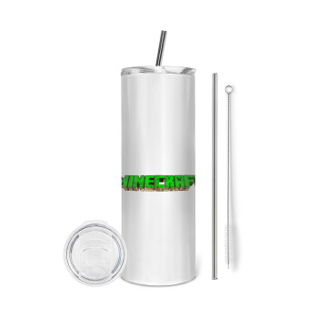 Minecraft logo green, Tumbler stainless steel 600ml, with metal straw & cleaning brush