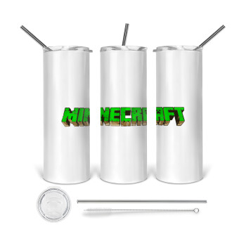 Minecraft logo green, Tumbler stainless steel 600ml, with metal straw & cleaning brush