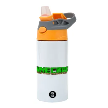 Minecraft logo green, Παιδικό παγούρι θερμό, ανοξείδωτο, με καλαμάκι ασφαλείας, Πορτοκαλί/Γκρι (360ml) BPA-FREE