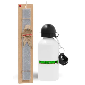 Minecraft logo green, Easter Set, metallic aluminum water bottle (500ml) & aromatic flat Easter candle (30cm) (GRAY)