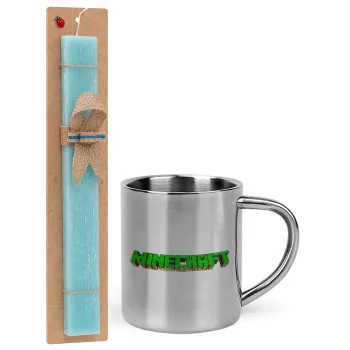 Minecraft logo green, Easter Set, metallic thermal cup (300ml) & aromatic flat Easter candle (30cm) (TURQUOISE)