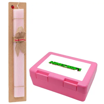 Minecraft logo green, Easter Set, children's snack container PINK & scented flat Easter candle (30cm) (PINK)