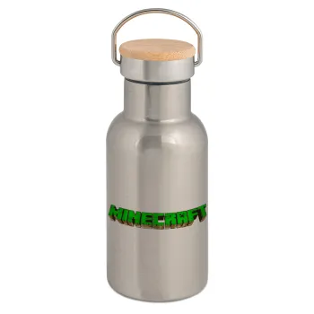 Minecraft logo green, Μεταλλικό παγούρι θερμός (Stainless steel) Ασημένιο με ξύλινο καπακι (bamboo), διπλού τοιχώματος, 350ml