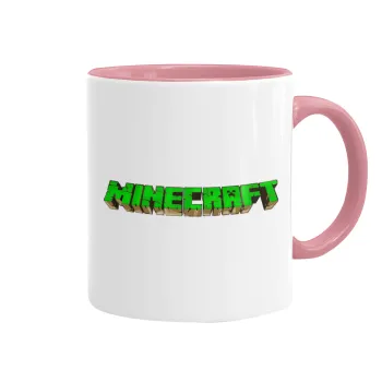 Minecraft logo green, Κούπα χρωματιστή ροζ, κεραμική, 330ml