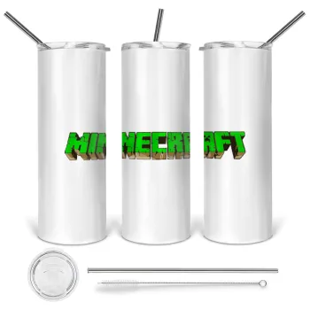 Minecraft logo green, Tumbler stainless steel 600ml, with metal straw & cleaning brush