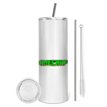 Minecraft logo green, Tumbler ποτήρι θερμό από ανοξείδωτο ατσάλι 600ml, με μεταλλικό καλαμάκι & βούρτσα καθαρισμού