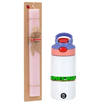 Minecraft logo green, Easter Set, Children's thermal stainless steel water bottle with safety straw, pink/purple (350ml) & Easter scented flat candle (30cm) (PINK)