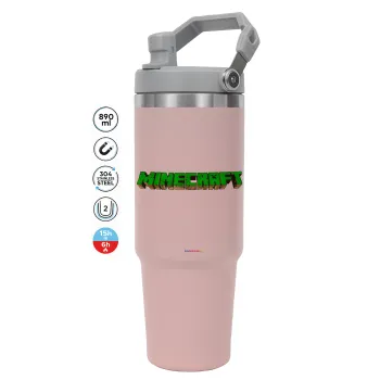 Minecraft logo green, ΡΟΖ χρώματος Θερμός Ανοξείδωτο 890ml (30oz) με χερούλι